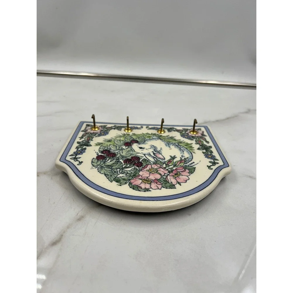 Vintage Ceramic Rabbit Key Rack Wall Hanging Blackberry Floral Bunny Plaque